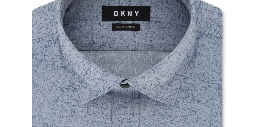 DKNY Men's Slim Fit Stretch Kaihara Botanical Patterned Dress Shirt Dutch Blue Size 15X32X33