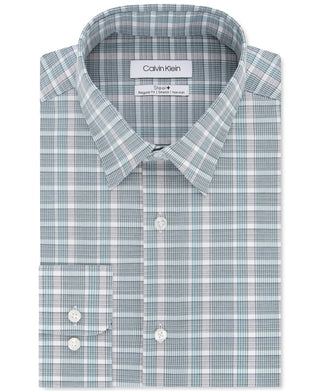 Calvin Klein Men;s Green Plaid Collared Classic Fit Moisture Wicking Dress Shirt Green Size 17.5-36/37