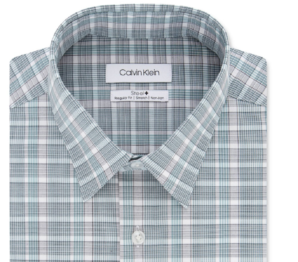 Calvin Klein Men;s Green Plaid Collared Classic Fit Moisture Wicking Dress Shirt Green Size 17.5-36/37