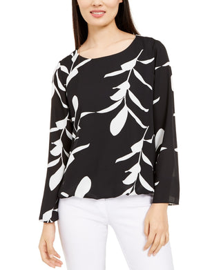 Alfani Women's Petite Printed Balloon-Hem Top Black Size Petite S