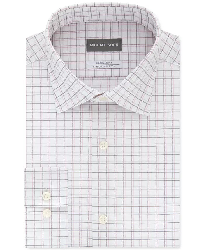 Michael Kors Men's  Plaid Colla Classic Fit Stretch Dress Shirt white/Grey Size 15.5X32-33