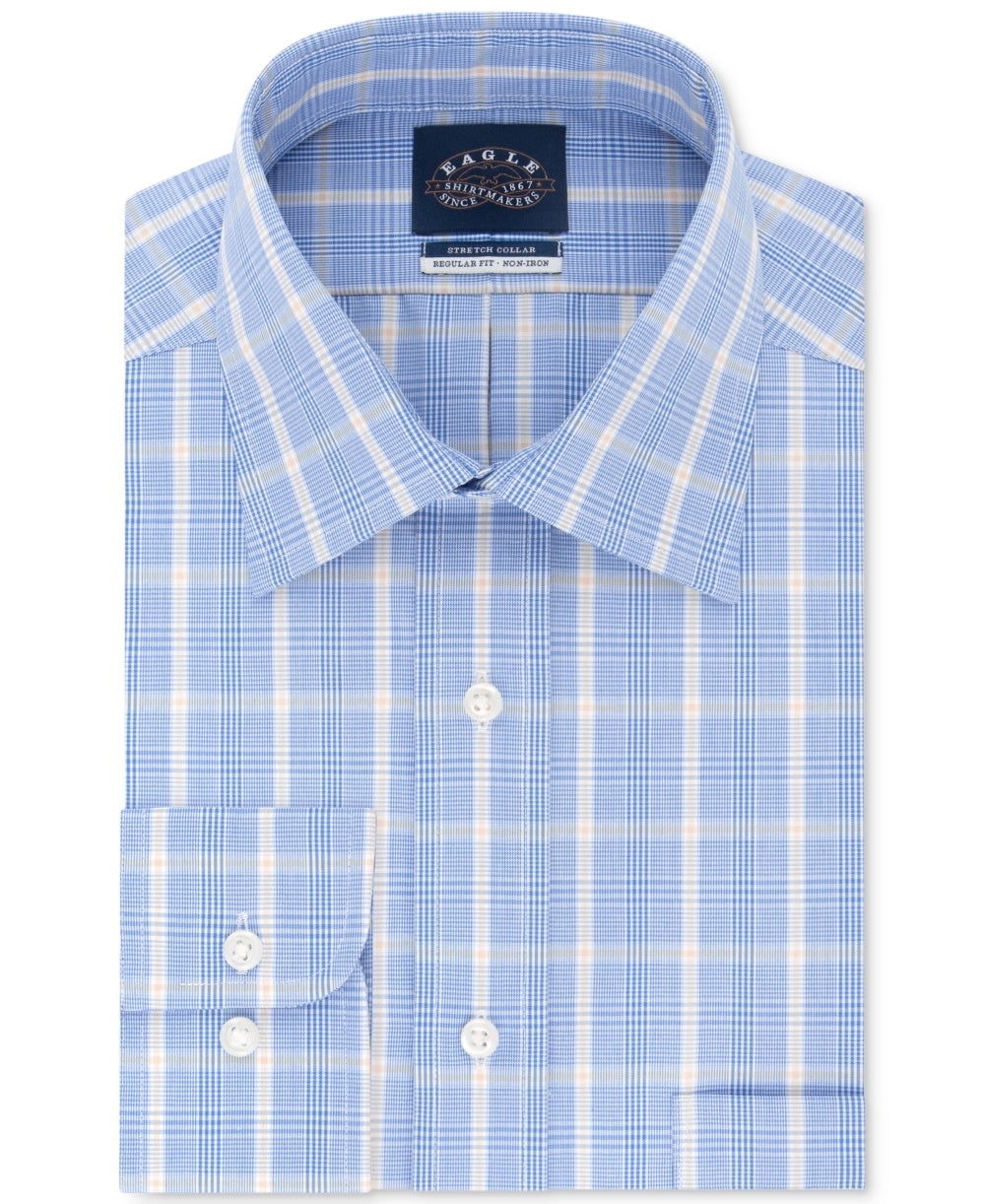 Eagle Men's Classic Regular Fit Non Iron Stretch Collar Plaid Dress Shirt Blue Size  XL