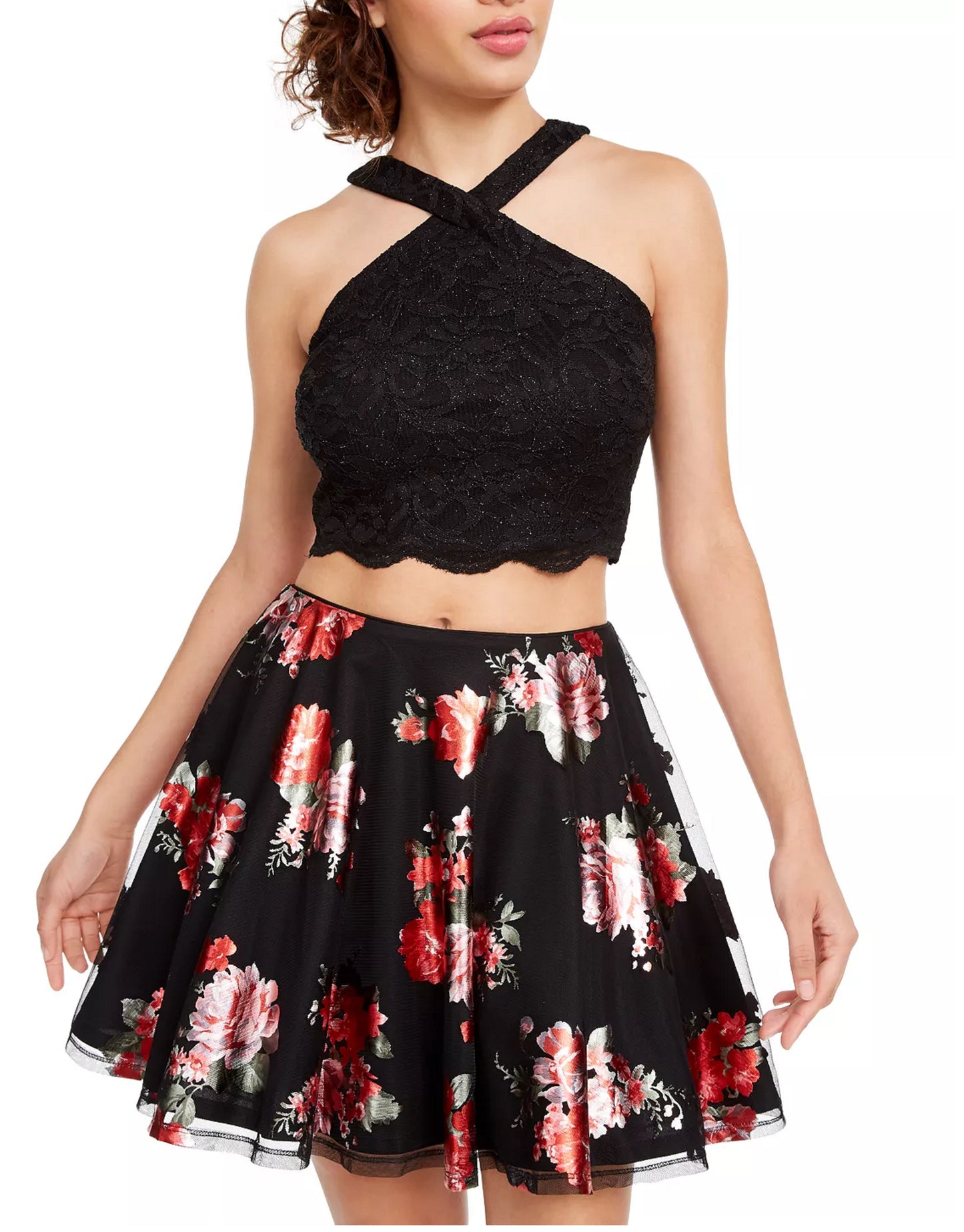 City Studios Junior's 2 Pc. Glitter Lace & Floral Print Dress Red Size 0