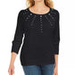 Karen Scott Women's Petite Cotton Grommet-Hardware Top Black Size Petite S
