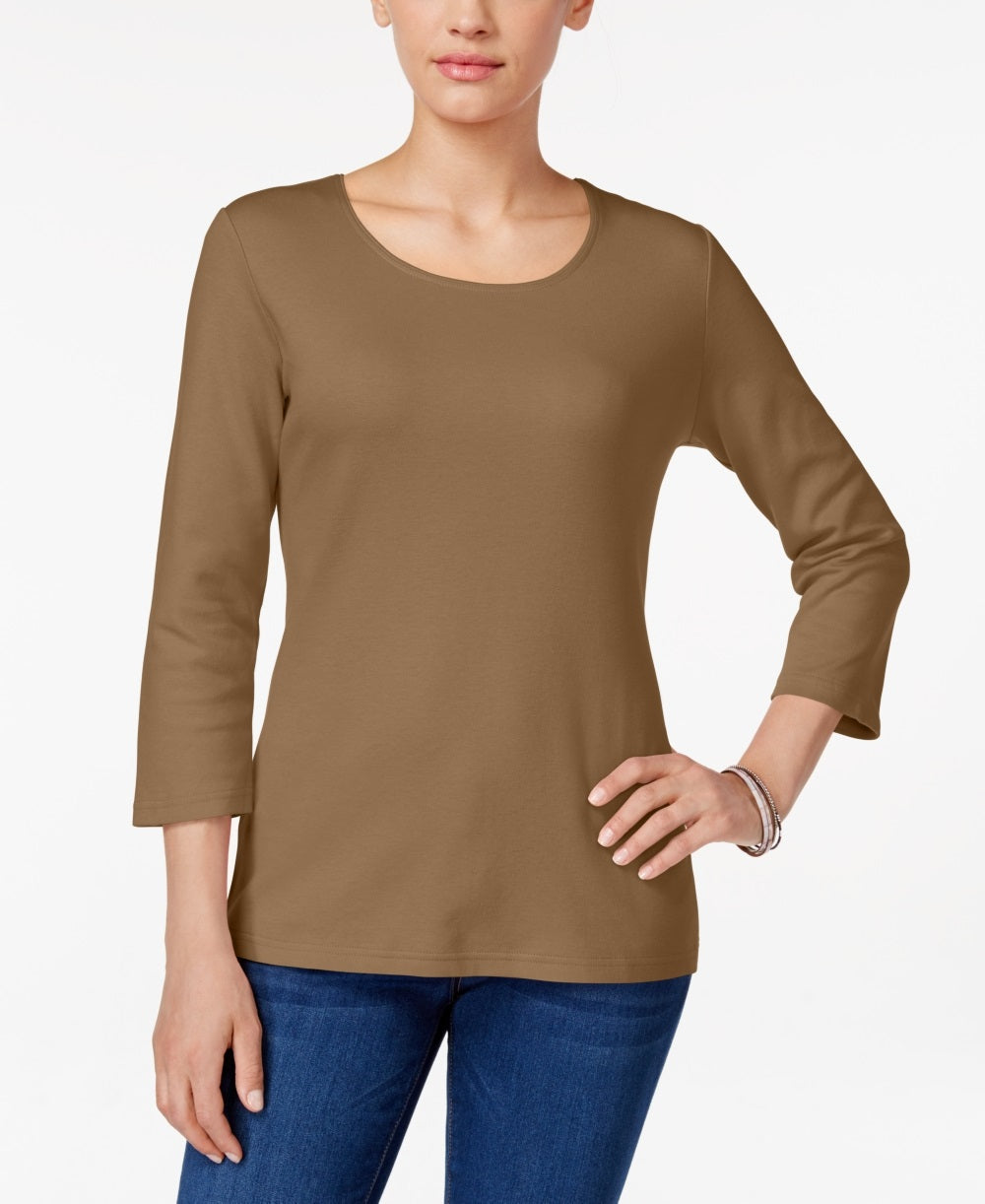 Karen Scott Women's Cotton Scoop Neck Top Brown Size S
