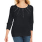 Karen Scott Women's Cotton Grommet Hardware Top   Black Size Petite Small