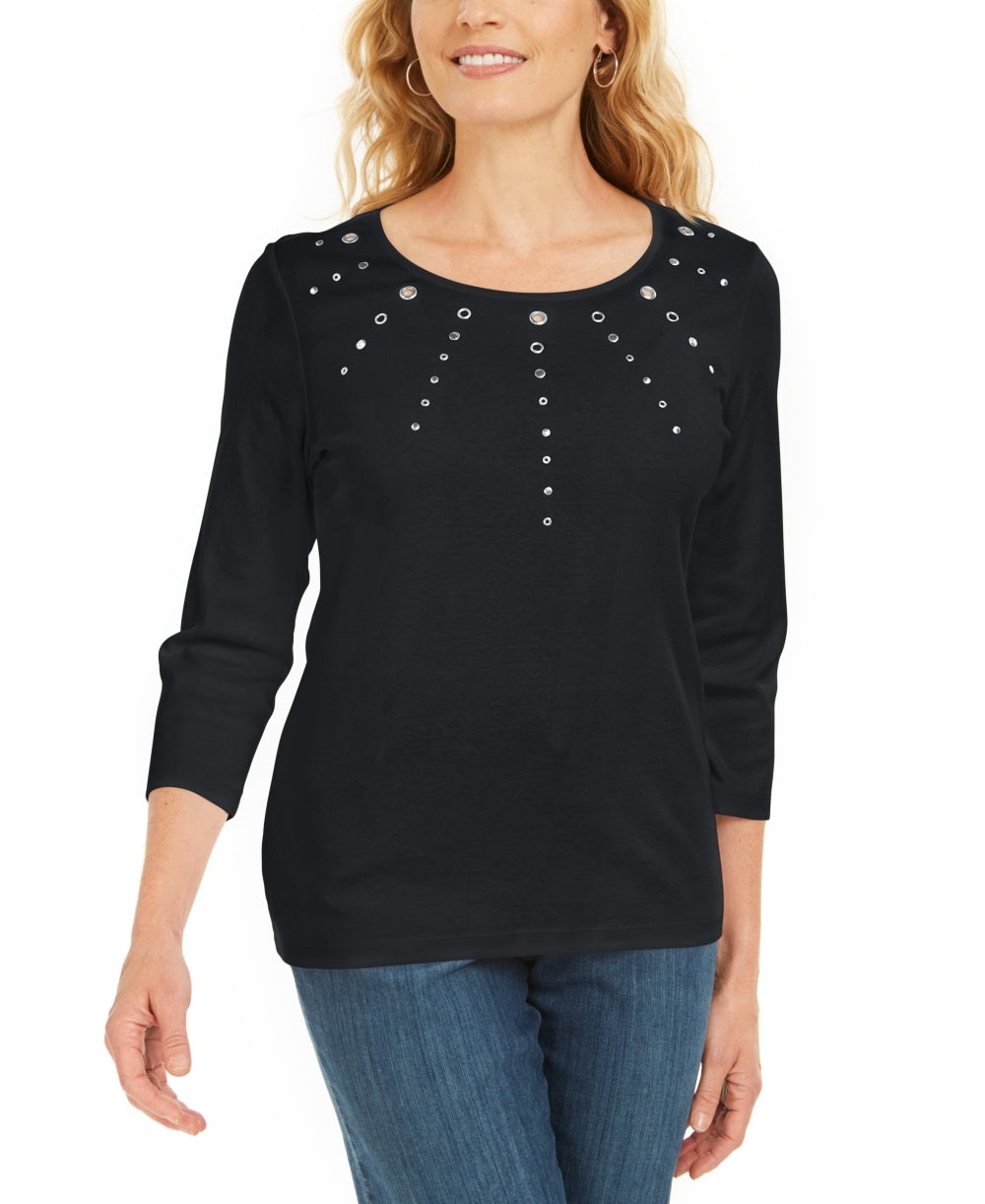 Karen Scott Women's Cotton Grommet Hardware Top   Black Size Petite Small