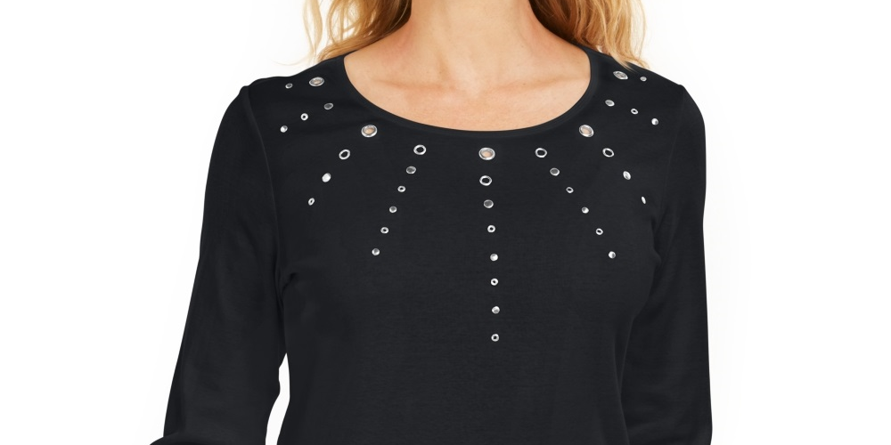 Karen Scott Women's Cotton Grommet Hardware Top   Black Size Petite Small