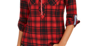 Tommy Hilfiger Women's Cotton Backcountry Plaid Zip Shirt Red Size Small