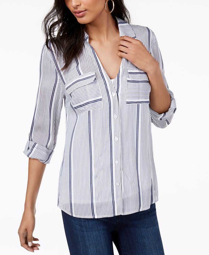 INC Women's Striped Long Sleeve Collared Button up Top Blue Size Medium