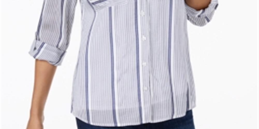 INC Women's Striped Long Sleeve Collared Button up Top Blue Size Medium