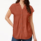 Style & Co Women's Pleated Cuffed Sleeve Top Orange Size Large