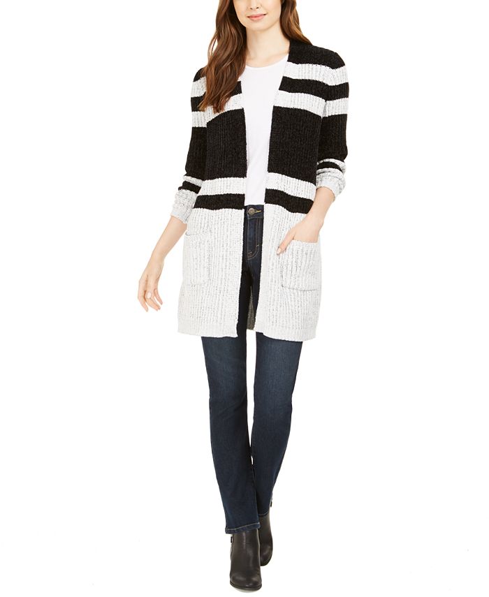 Style & Co Women's Striped Chenille Open Front Cardigan BlackSize M