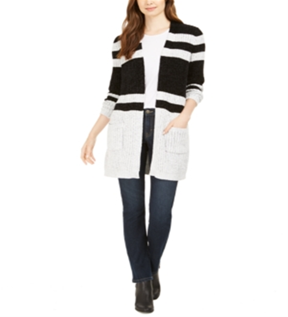 Style & Co Women's Striped Chenille Open Front Cardigan BlackSize M