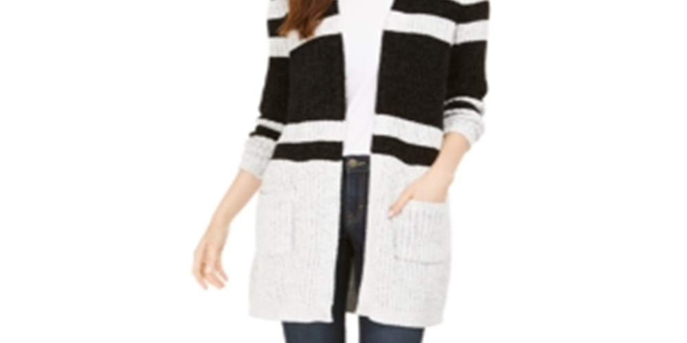 Style & Co Women's Striped Chenille Open Front Cardigan BlackSize M