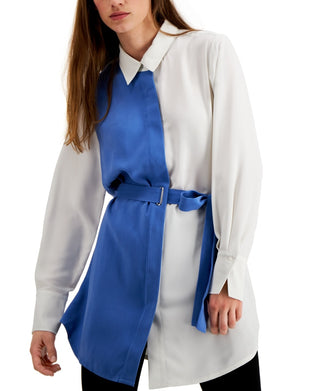 Alfani Women's Color Block Long Sleeve Collared Button Up Top Blue Size X-Large