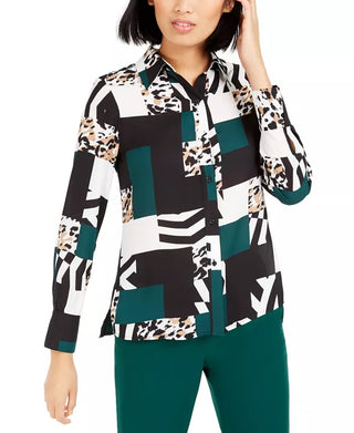 Bar III Womens Printed Button-Up Blouse Green Size XXX-Small