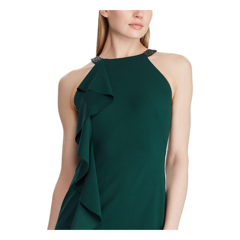 Ralph Lauren Women's Green Embellished Sleeveless Halter Knee Length Evening Sheath Dress Green Size 18