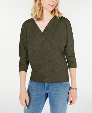 Gypsies & Moondust Juniors' Surplice Waffle-Knit Top Green Size Medium