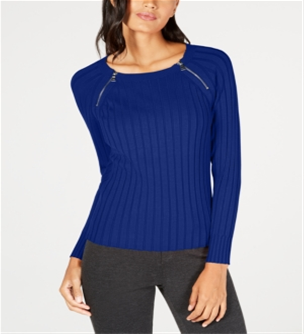 INC International Concepts Women's Zipper Detail Raglan Sleeve Sweater Blue Size -M