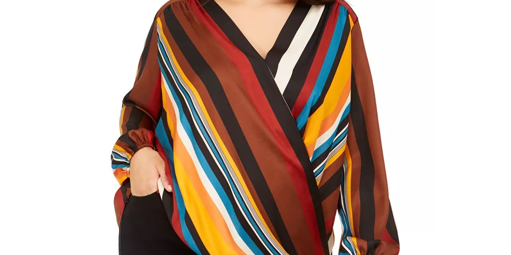 INC International Concepts Women's Plus Size Striped Surplice Blouse Orang Size 2X