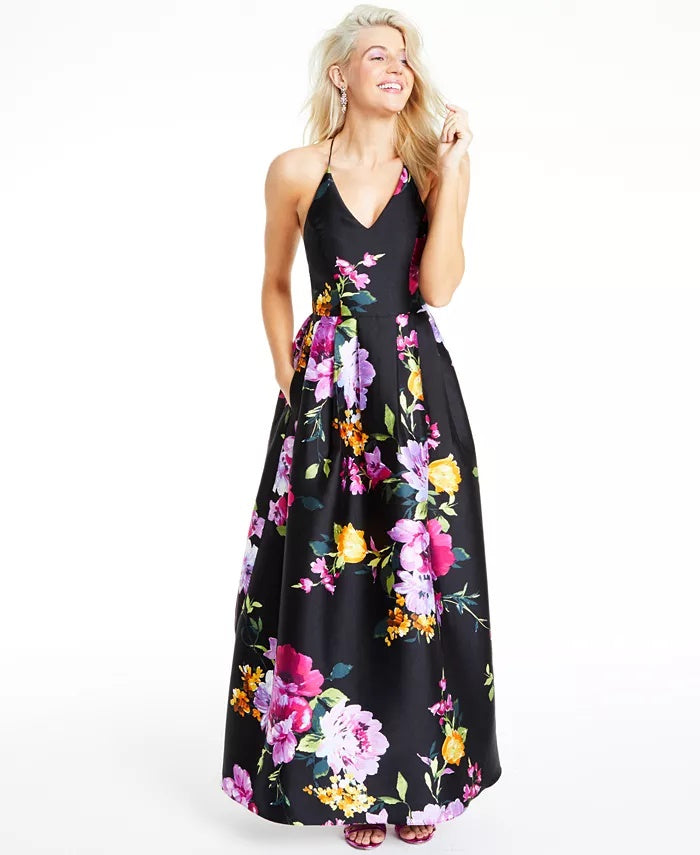 BCX Juniors' Floral-Print Cross-Back Gown Black Size 3