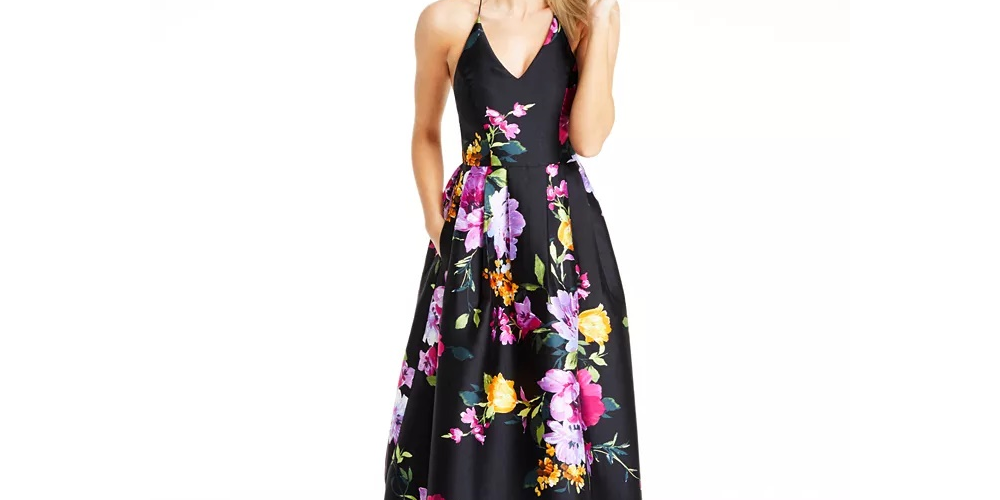 BCX Juniors' Floral-Print Cross-Back Gown Black Size 3