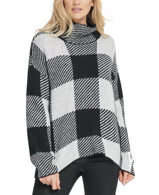 DKNY Women's White Plaid Long Sleeve Turtle Neck Sweater White Size Medium