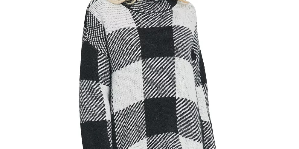 DKNY Women's White Plaid Long Sleeve Turtle Neck Sweater White Size Medium