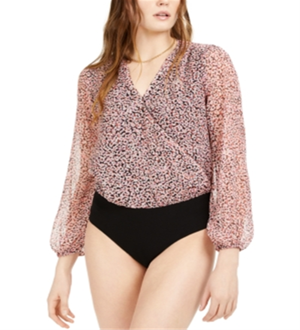 Bar III Women's Printed Surplice Bodysuit -Pink Size -Large