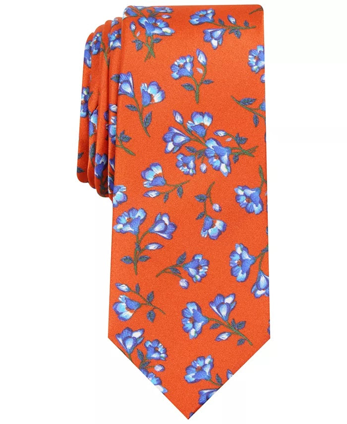Bar III Men's Wakely Skinny Floral Silk Tie Blue Flowers One Size