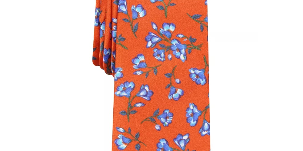 Bar III Men's Wakely Skinny Floral Silk Tie Blue Flowers One Size