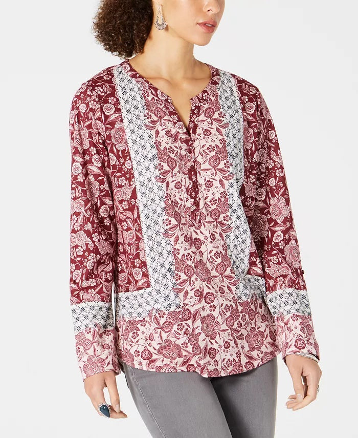 Style & Co Women's  Patchwork-Print Top Red Size Small