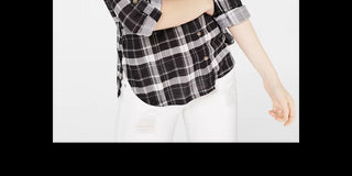 Polly & Esther Juniors' Plaid Roll-Tab Shirt -Black / White Size Medium