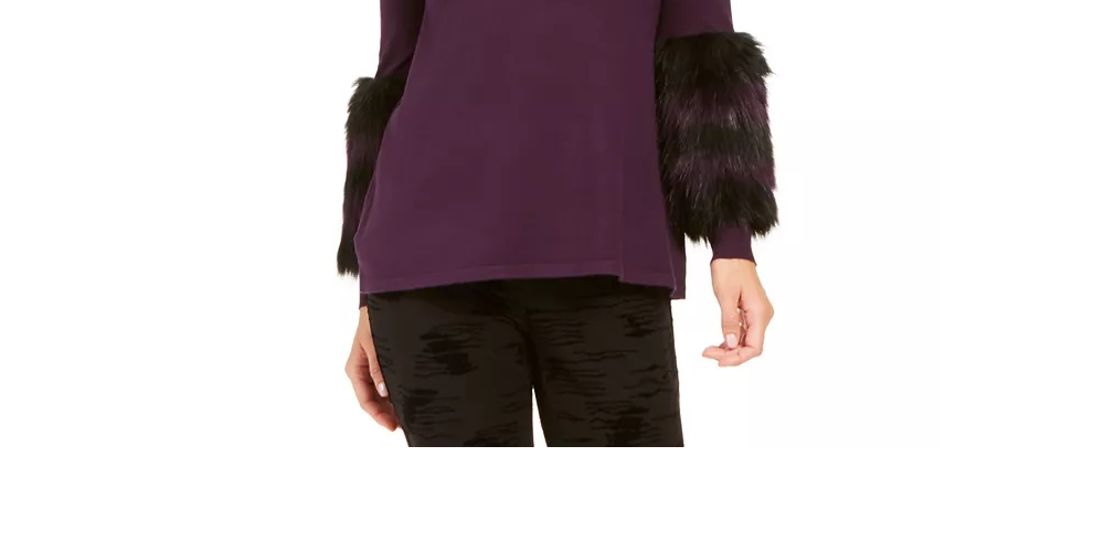 Alfani Women's Petite Faux-Fur Trim Sweater Purple Size PL