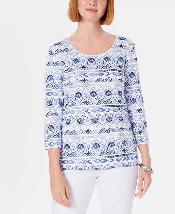 Karen Scott Women's Petite Ikat Printed Top Blue Size PL
