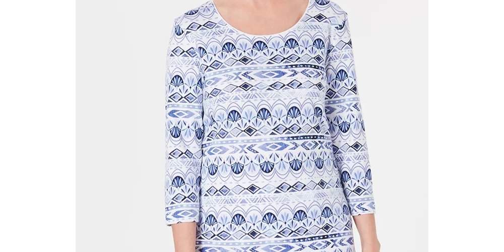 Karen Scott Women's Petite Ikat Printed Top Blue Size PL