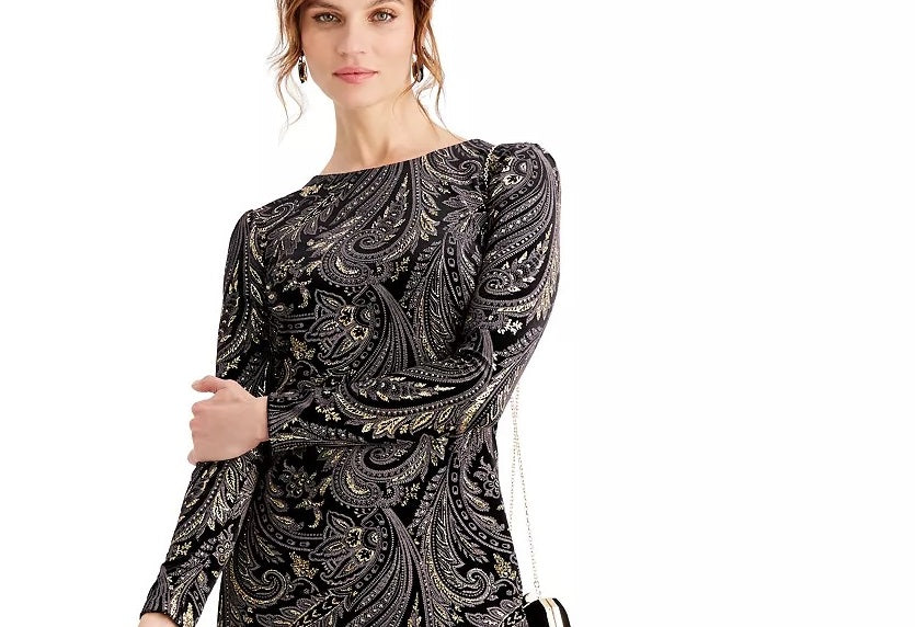 MSK Women's Glitter Paisley Long Sleeve Jewel Neck Above The Knee Body Con Evening Dress Black Size 12