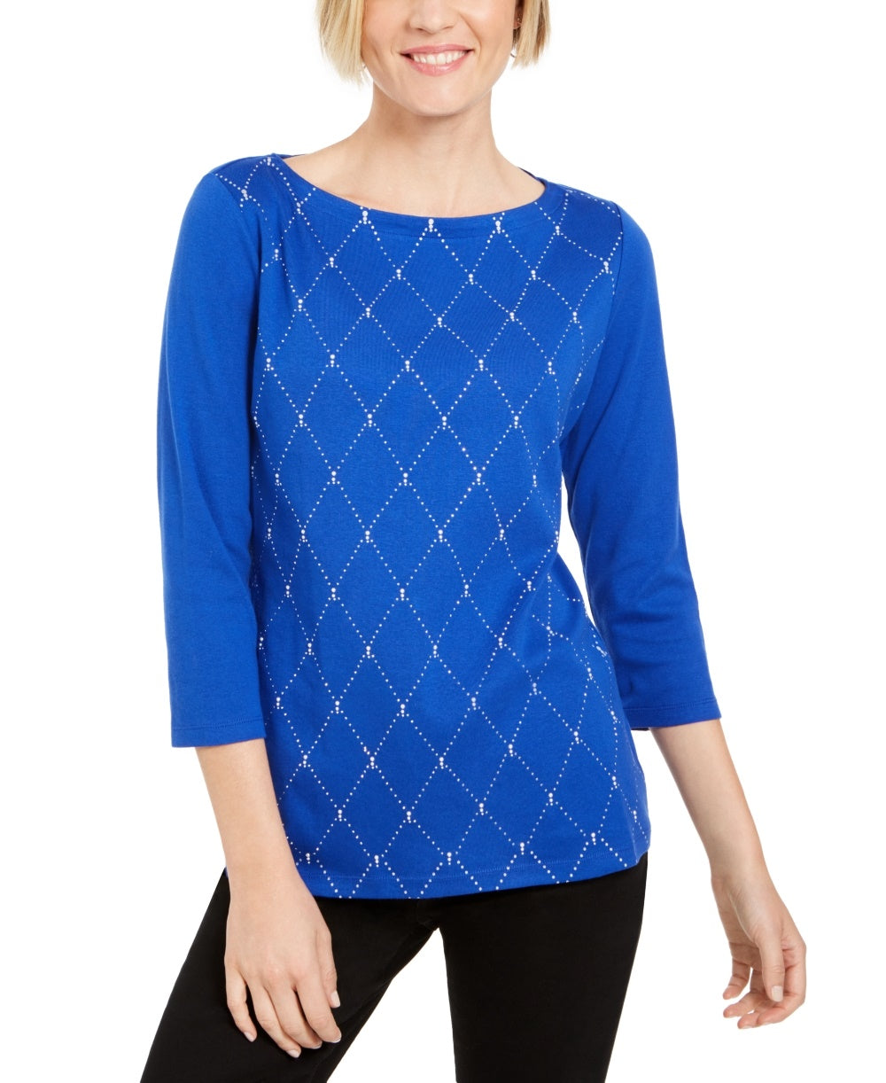 Karen Scott Women's Embellished 3/4 Sleeve Cotton Top Blue Size Petite L