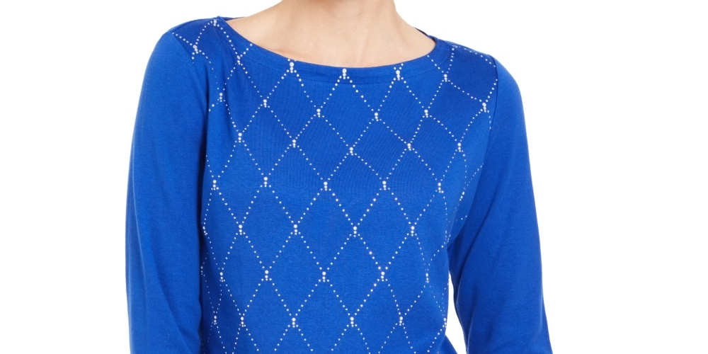 Karen Scott Women's Embellished 3/4 Sleeve Cotton Top Blue Size Petite L