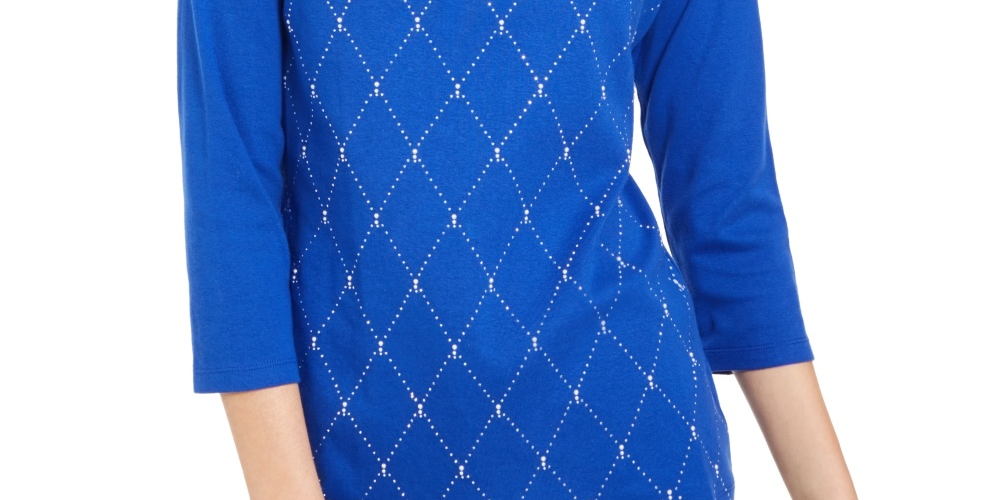 Karen Scott Women's Petite Embellished 3/4-Sleeve Cotton Top Blue Size PS/M