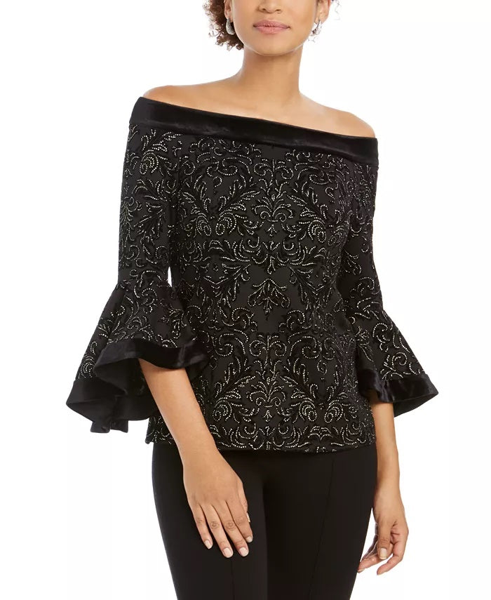28Th & Park Women's Off-The-Shoulder Glitter Top Black Size X-Large