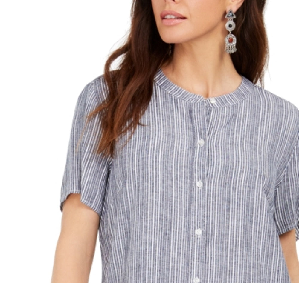 Style & Co Striped Button-Front Linen-Blend A-Line Dress Blue Size Large