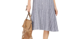 Style & Co Striped Button-Front Linen-Blend A-Line Dress Blue Size Large