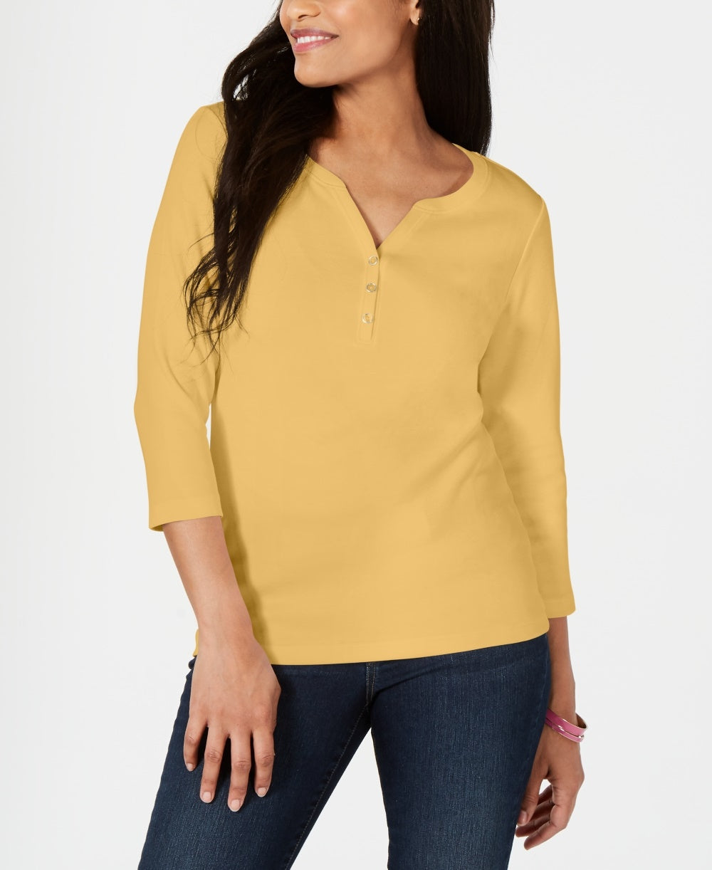 Karen Scott Women's Cotton Henley Top Beigekhaki Size Medium