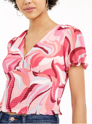 Bar III Women's Printed Smocked Top Red Size X-Large