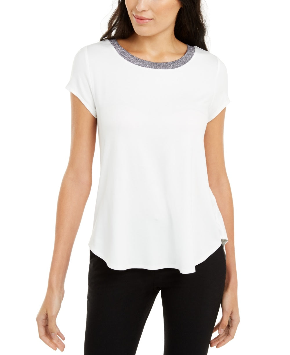 Alfani Women's Metallic Neck High Low T-Shirt White Size Petite Medium