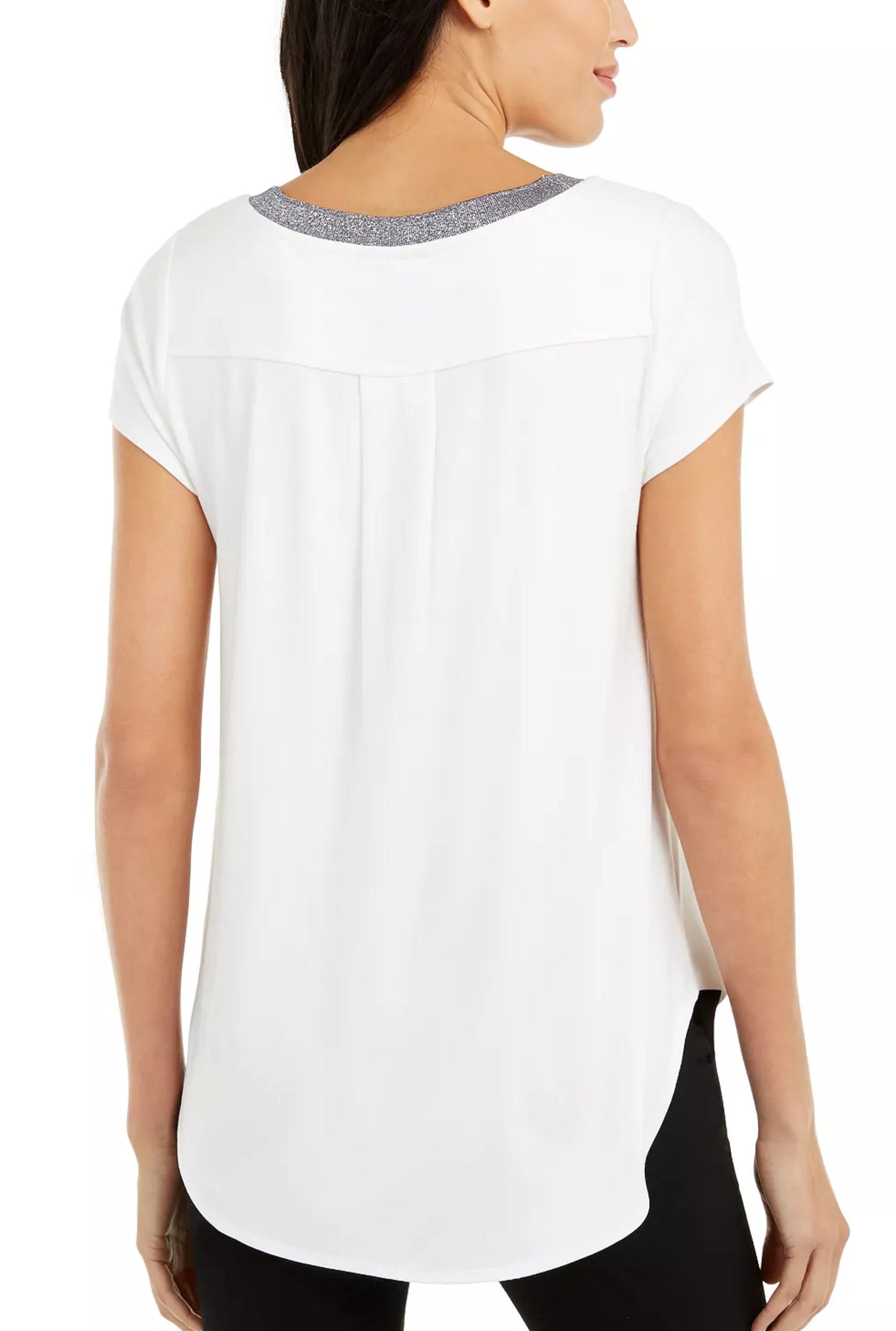 Alfani Women's Metallic Neck High Low T-Shirt White Size Petite Medium