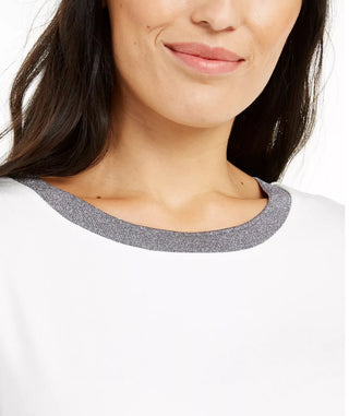 Alfani Women's Metallic Neck High Low T-Shirt White Size Petite Medium