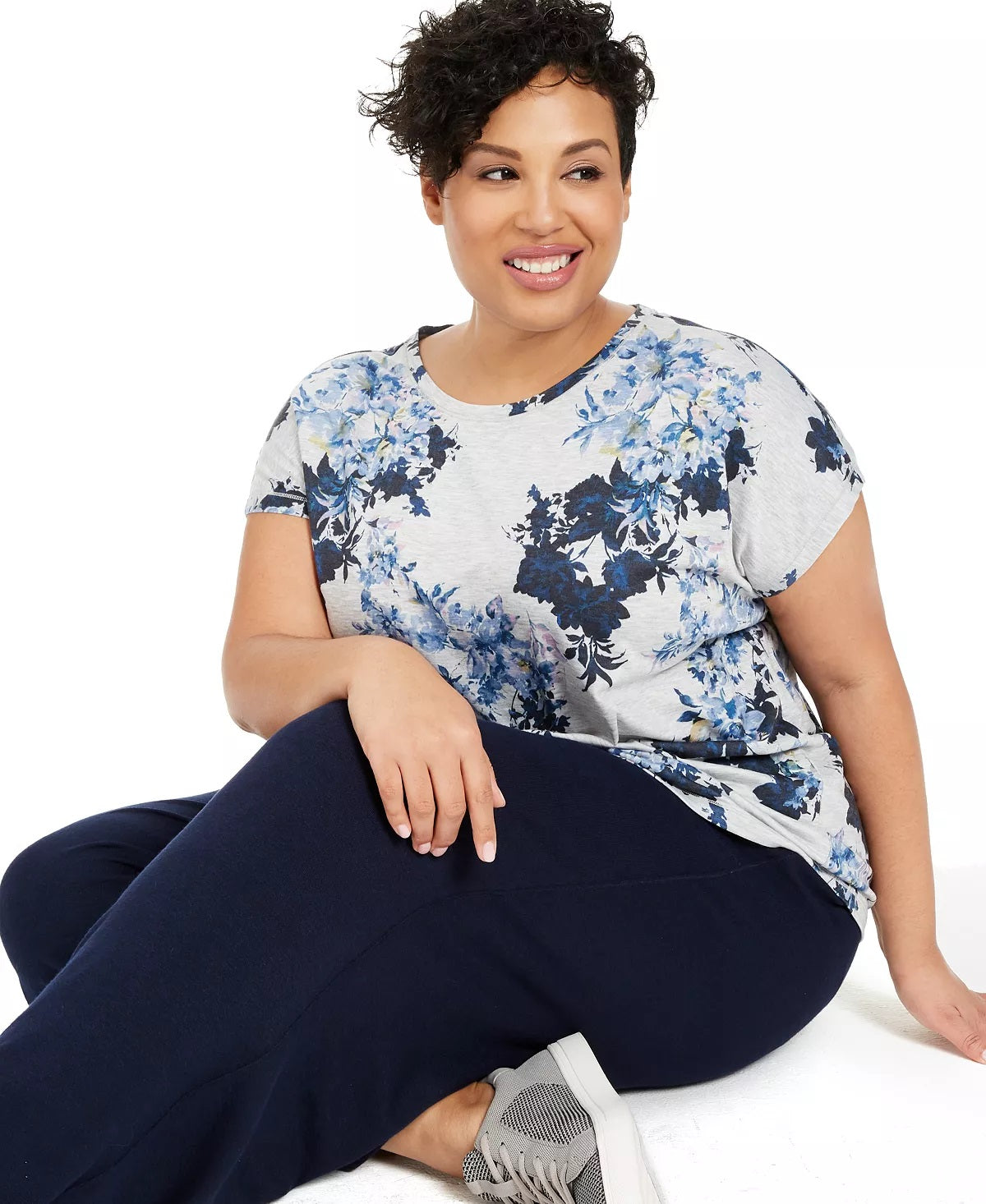 Ideology Women's Plus Floral Print T-Shirt Gray Size 1X